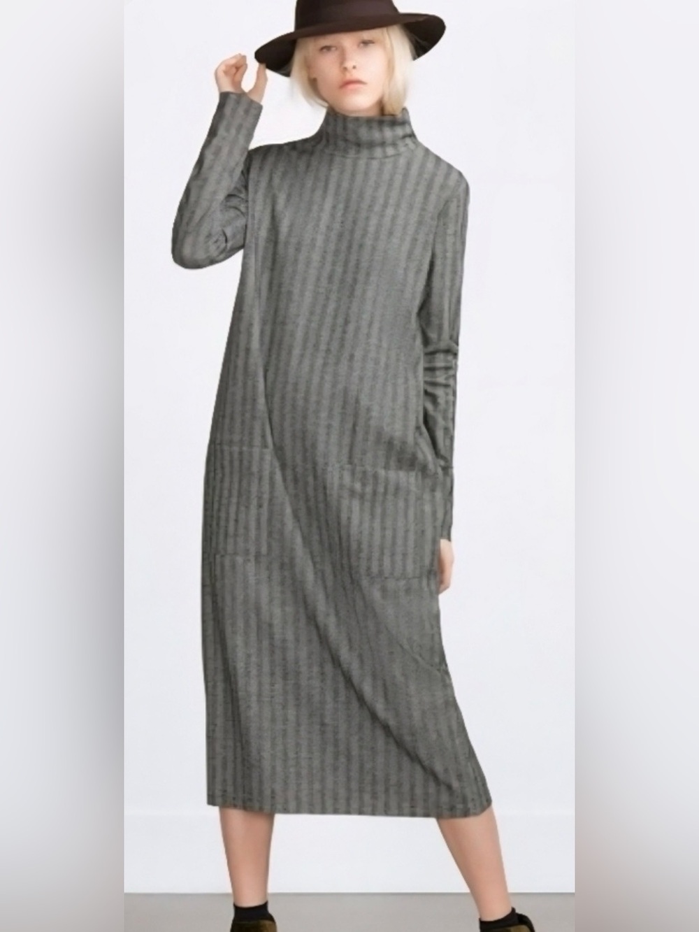 Zara Herringbone Grey and Black Long-Sleeve Midi Dress with Pockets, Size Small